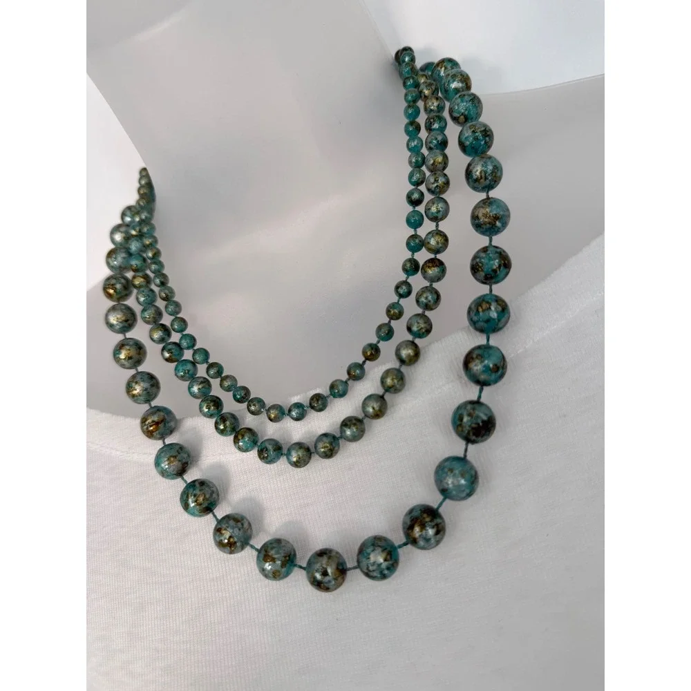 Teal Blue Gold Mottled Triple Strand Beaded Statement Necklace Graduated Layered